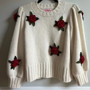 Kate Spade Crochet Roses Sweater, Cream with Red Rose Motif, Size M, EUC